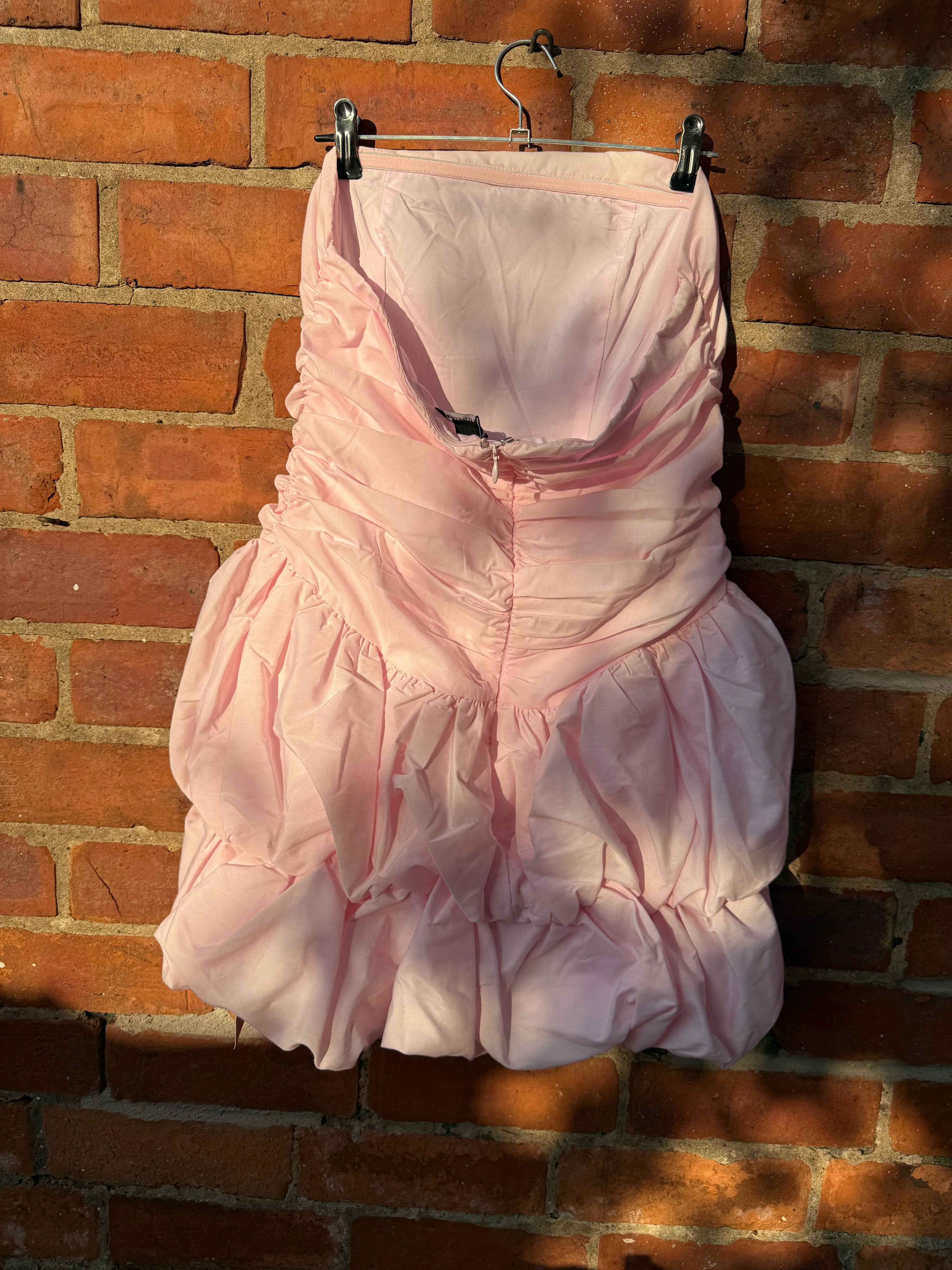 Pretty little thing bandeau ruched puffball mini dress in pink - size 10