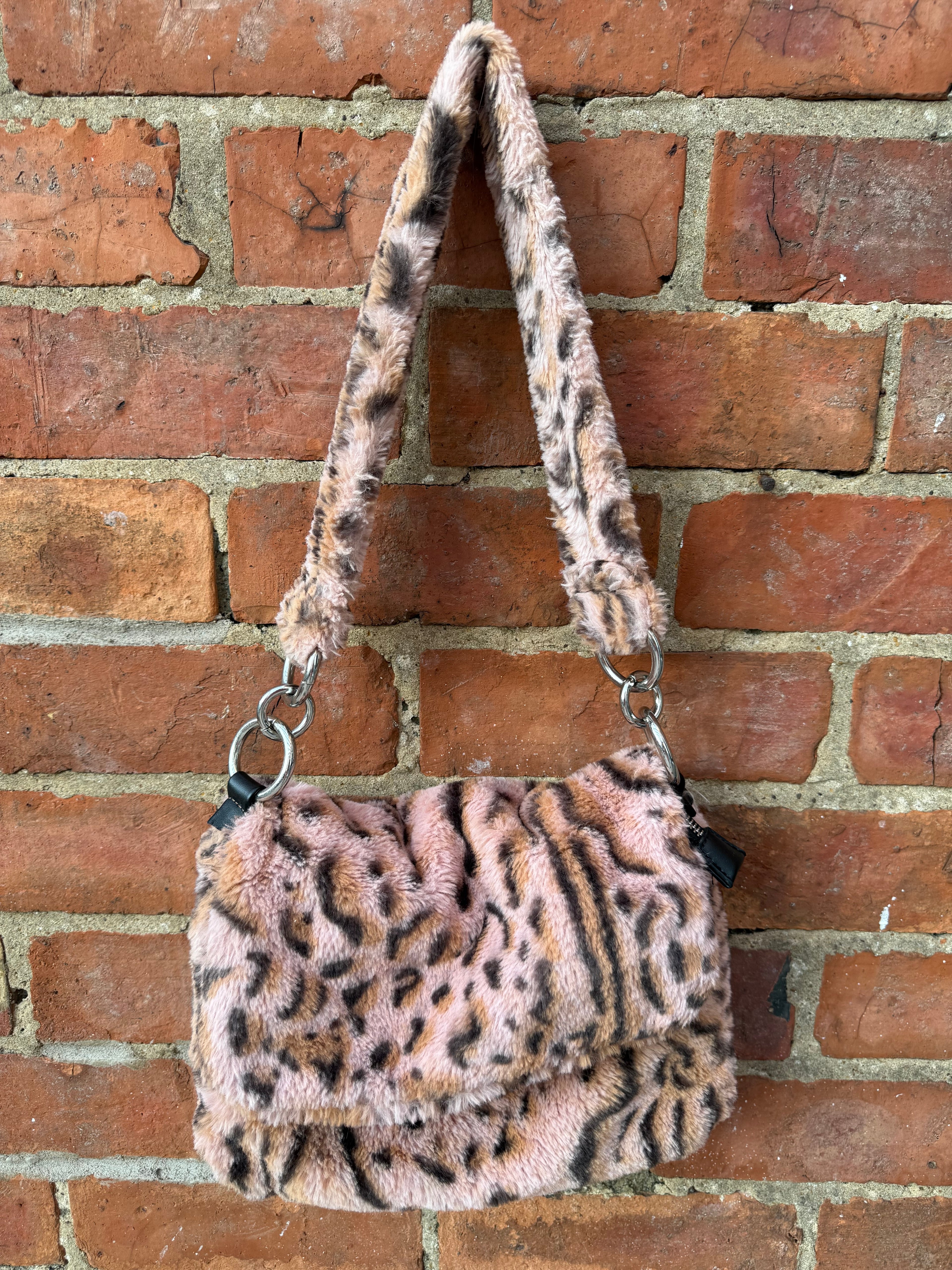 Topshop pink fluffy leopard print shoulder bag
