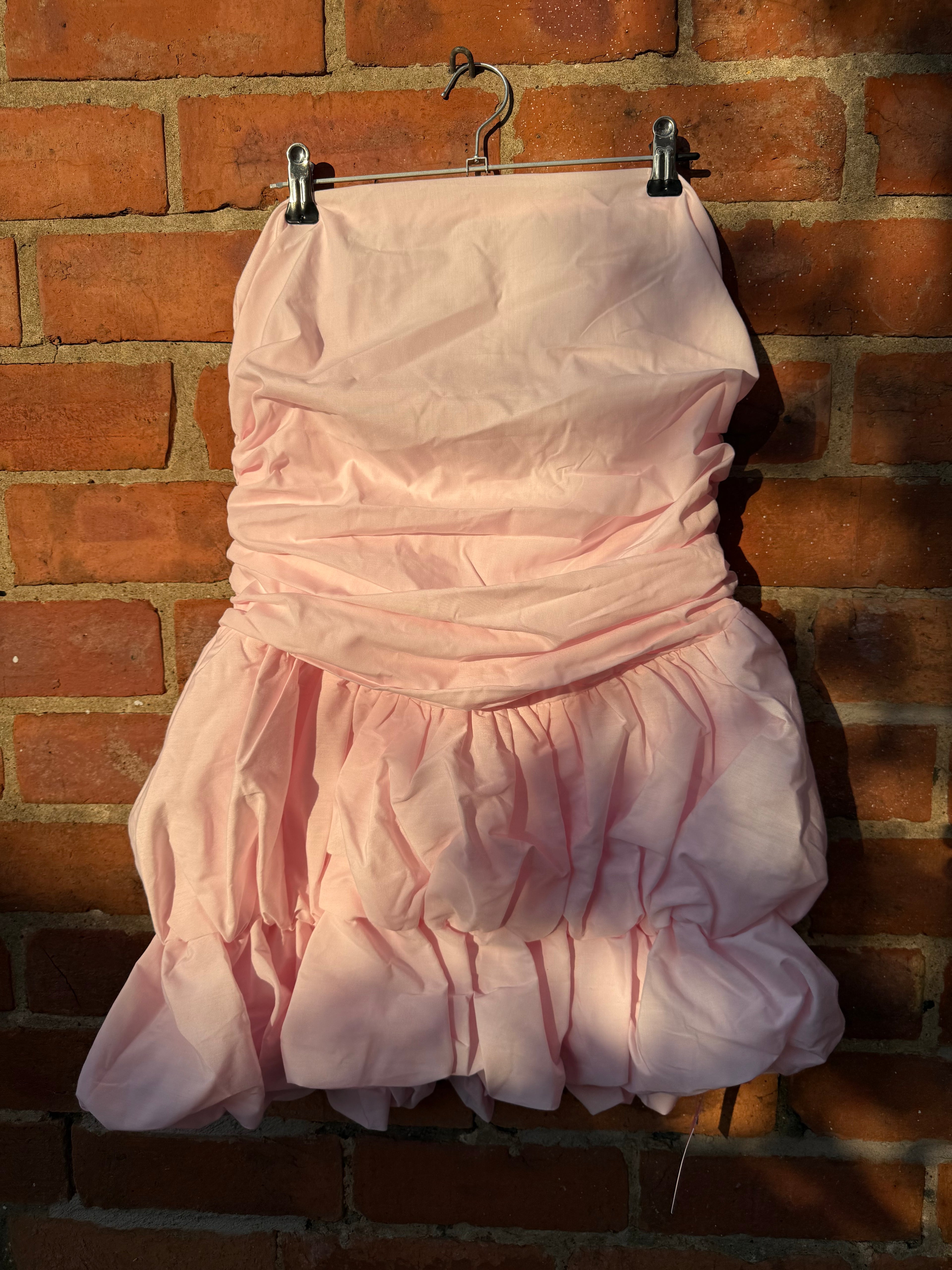Pretty little thing bandeau ruched puffball mini dress in pink - size 12