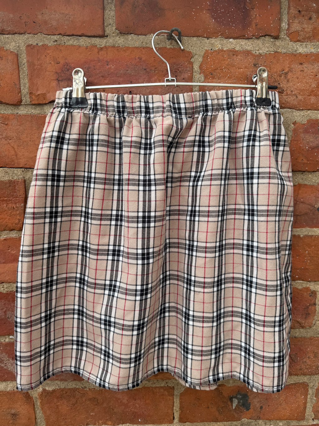 Beige Check elasticated waist Mini Skirt