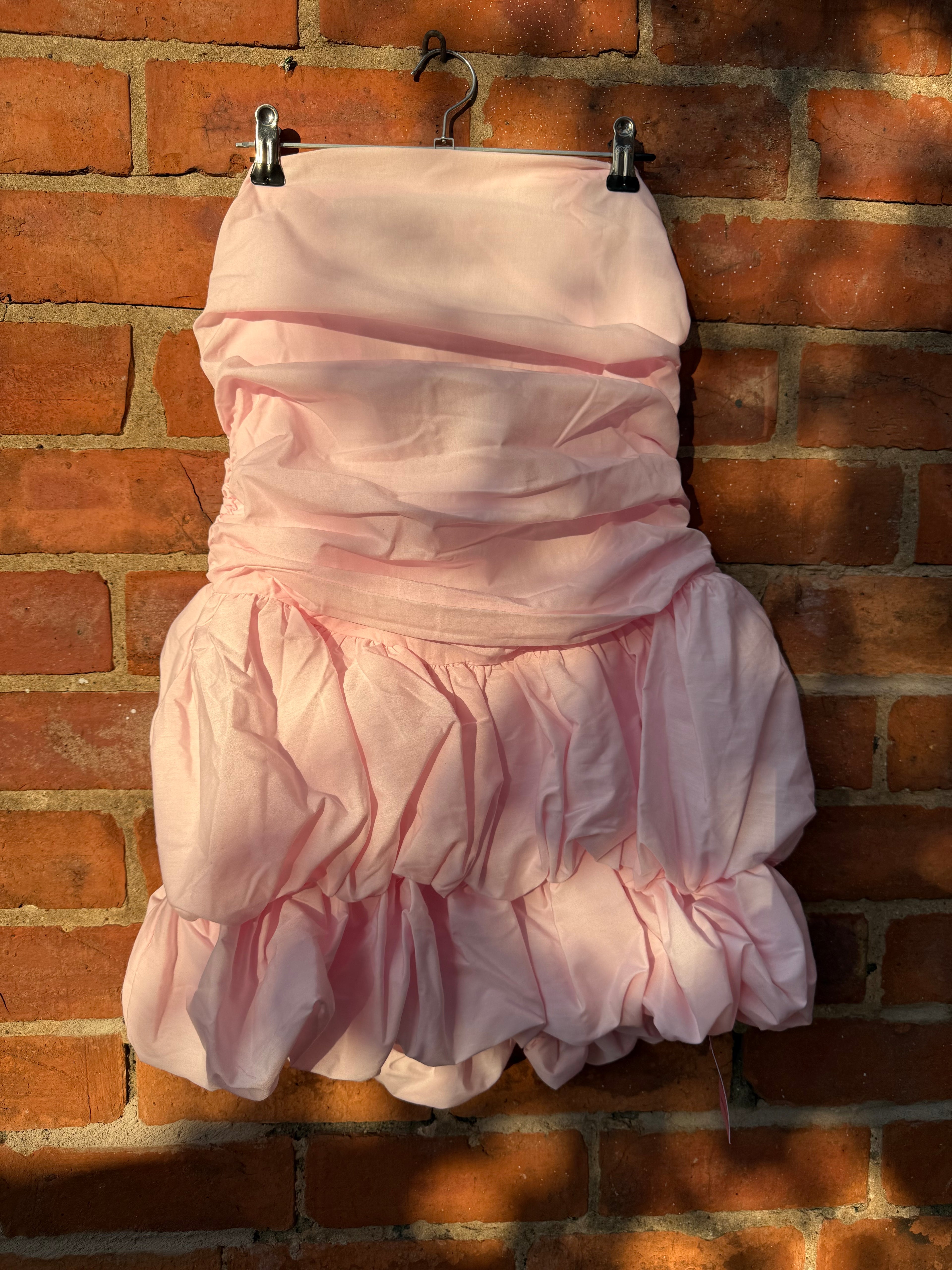 Pretty little thing bandeau ruched puffball mini dress in pink - size 10