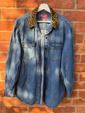 Denim & co jeans blue denim long sleeve shirt with leopard print faux fur collar