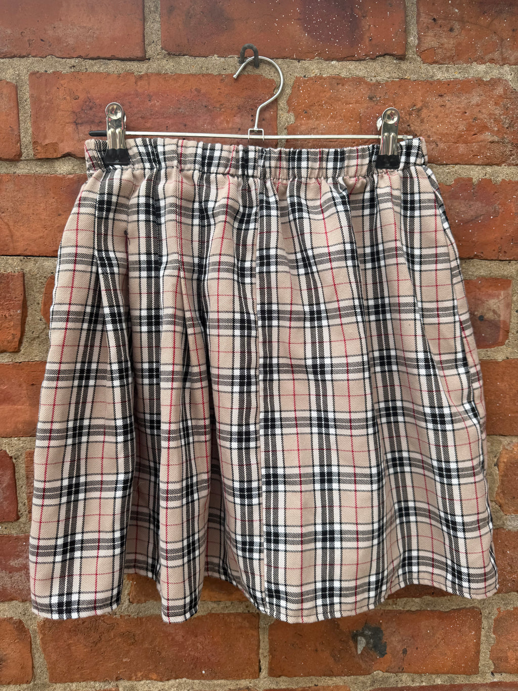 Beige Check elasticated waist Mini Skirt