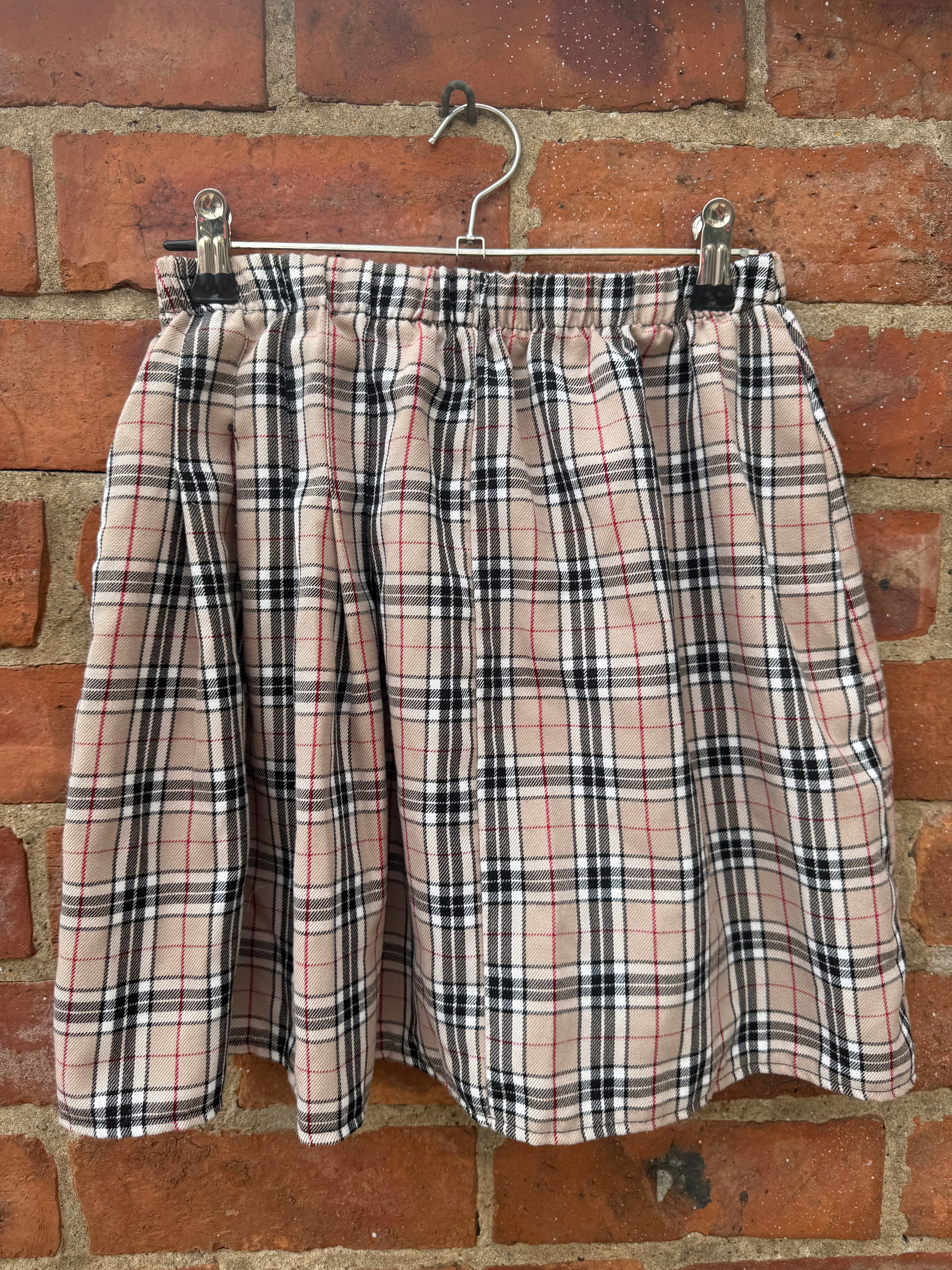 Beige Check elasticated waist Mini Skirt